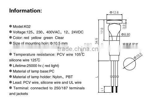 electric water heater neon indicator light/lamp with terminal