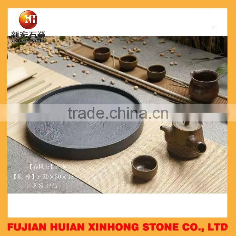 Chinese Round Black Tea Tray from Stone