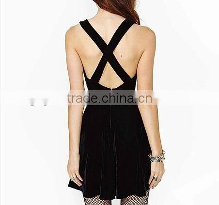 Sexy ultra deep V cross straps back velvet dress