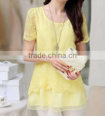 Embroidery lace chiffon round neck t- shirt with short sleeves