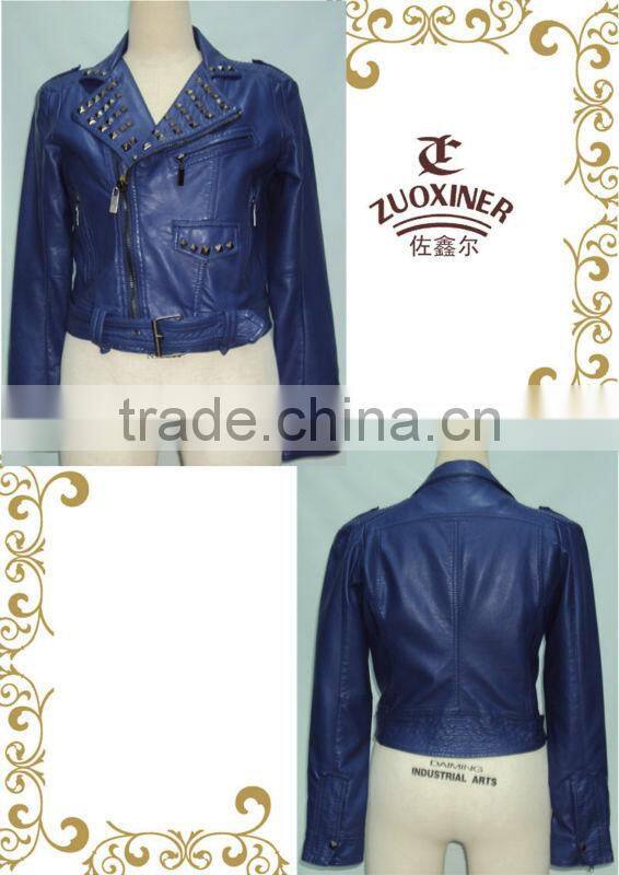 Ladies Pu leather jacket with decoration rivets