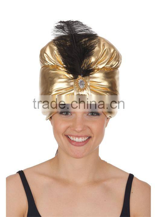 Adult Metallic Gold Truban With Jewel & Black Feather