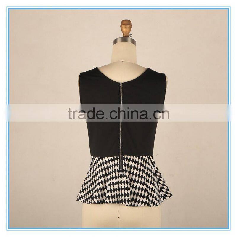 Elegant Ladies Modern Check Sleeveless Blouse Design With Jewel Neck Designs Flounce Hem