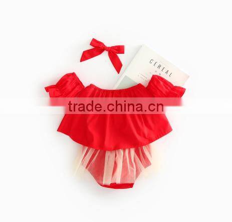 Red Color Baby Clothes 3 Pieces Set Off Shoulder Tulle Bloomer Wholesale Products