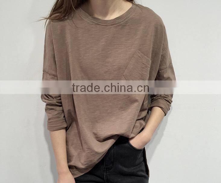 2016 new fashion long sleeve casual women t-shirt with pocket wholesale