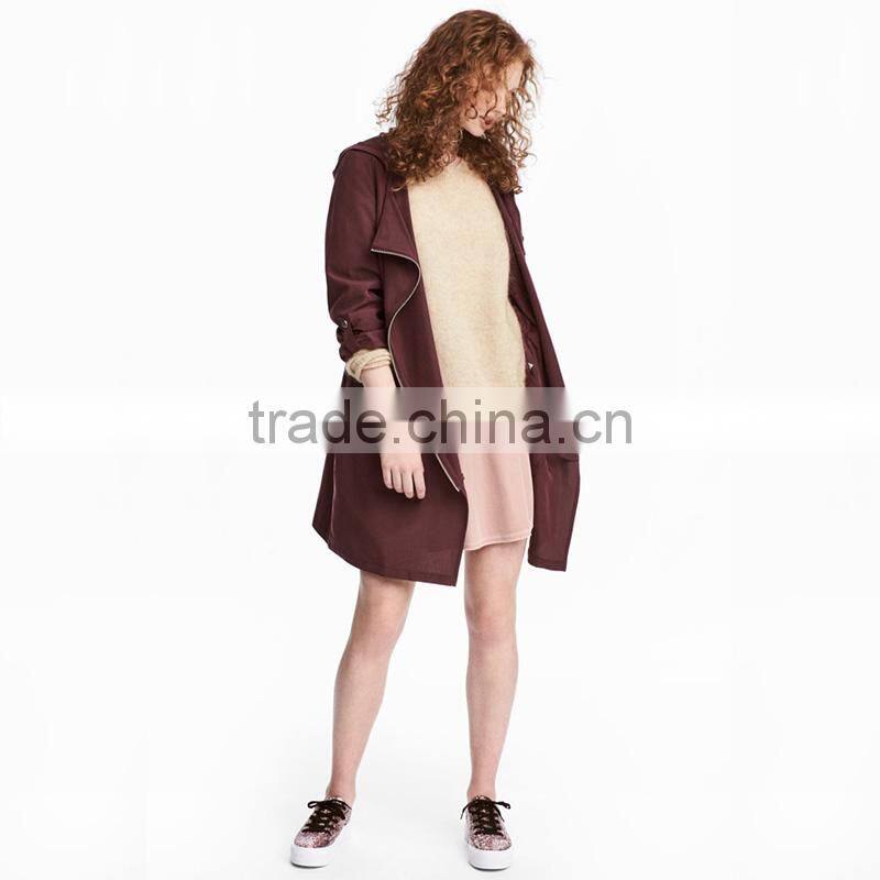 Hooded parka diagonal zip drawstring waist womens long warm jackets