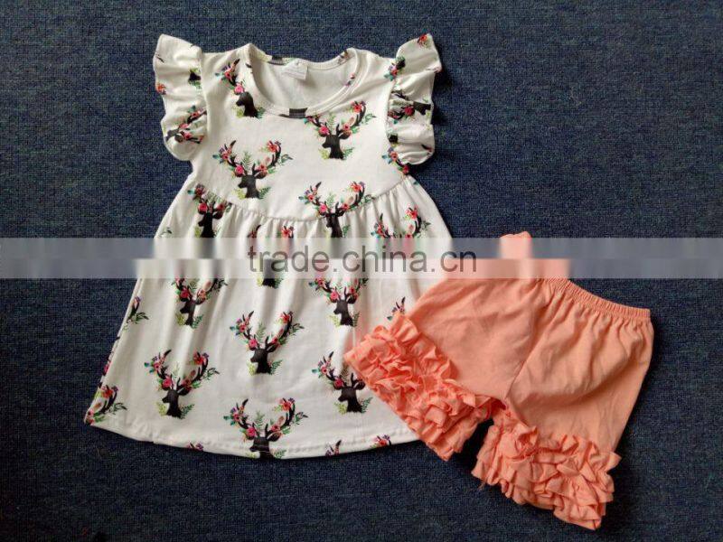 Wholesale girls boutique clothing flutter sleeve tunic pearl top and icing ruffle shorts boy raglan