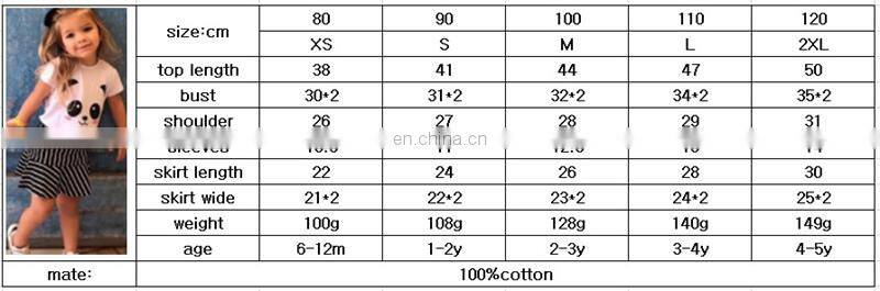 2019 summer girls cotton panda print top tshirt & black white striped pp skirt 2pc set