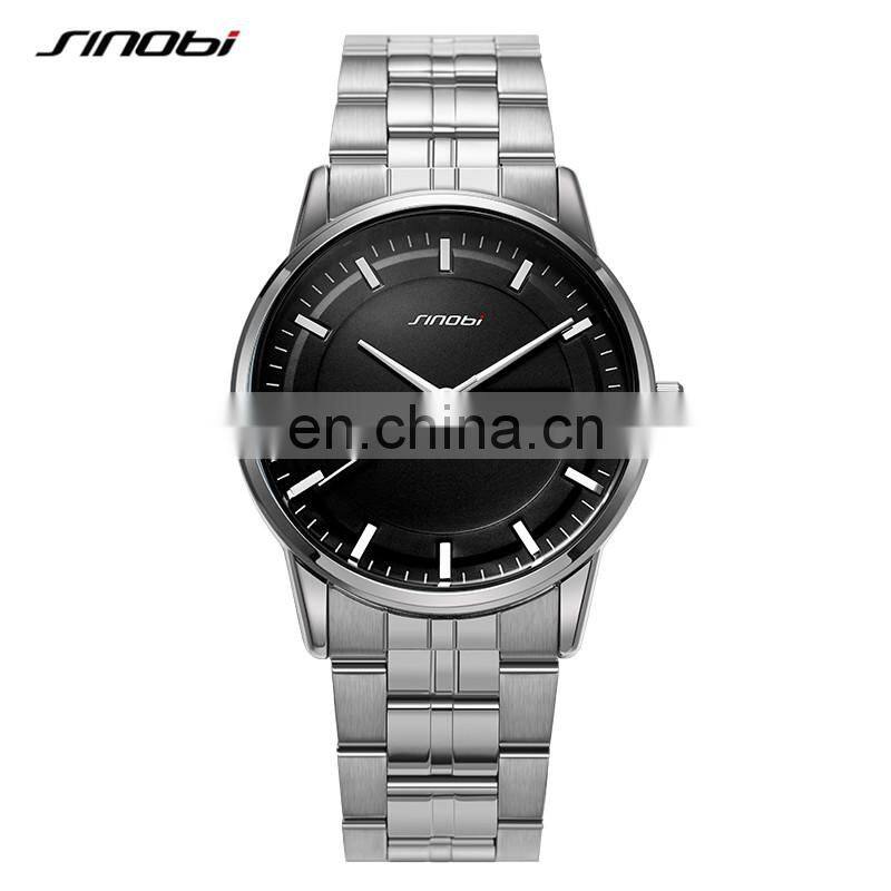 SINOBI Male Classic Black Dial Watches S9834G Dual Calendar Window Man Wrist Watches Business Man Steel Watch
