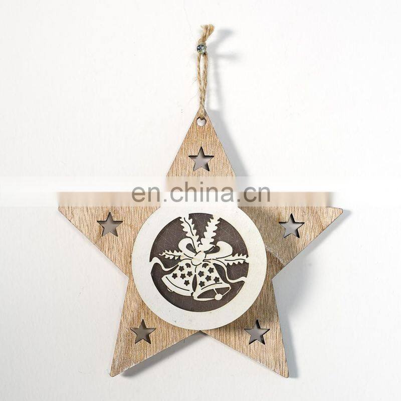 LED light Christmas Tree Star bell Wooden Pendants Ornaments Xmas Wood Crafts Kids Gift for Home Christmas Party Decorations