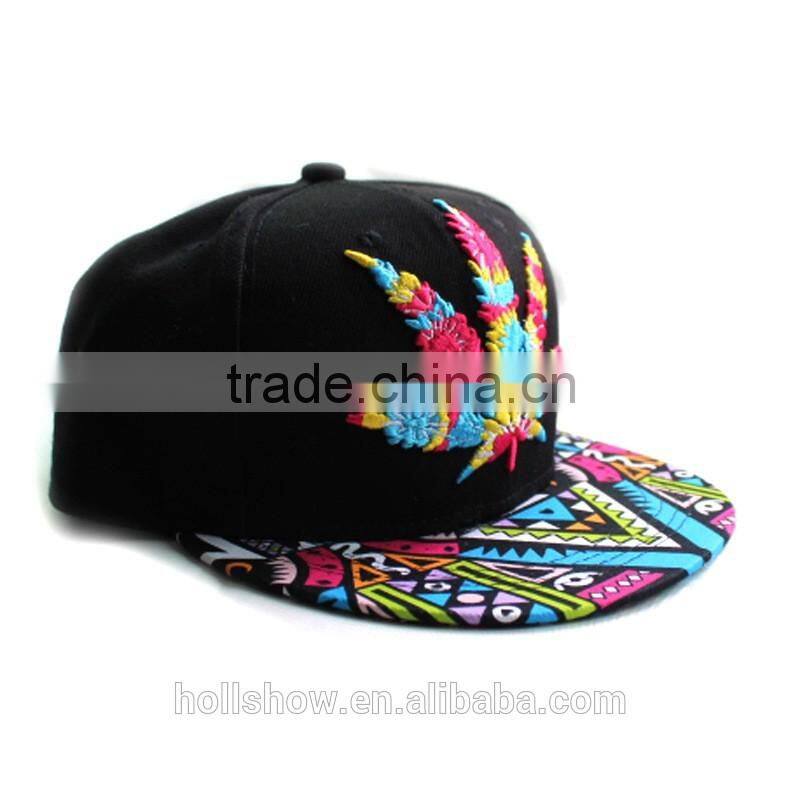 Wholesale Leaf Embroidery Printed Flat Brim Man Women Snapback Cap Cheap