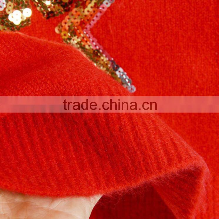 Red knitting wear lady paillette sewes 100% wool christmas sweater pullover