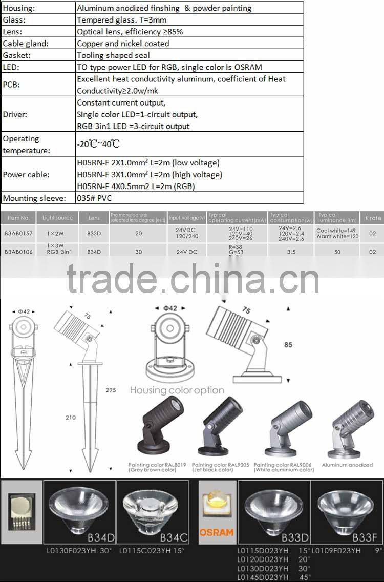 Hot sale 1X2W 24V Waterproof IP65 LED Garden Spot Lights White/Warm white/RGB 3in1/R/G/B/Y