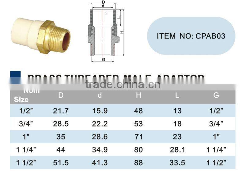 ERA Best Selling ASTM D2846 CPVC Male Adaptor with brass