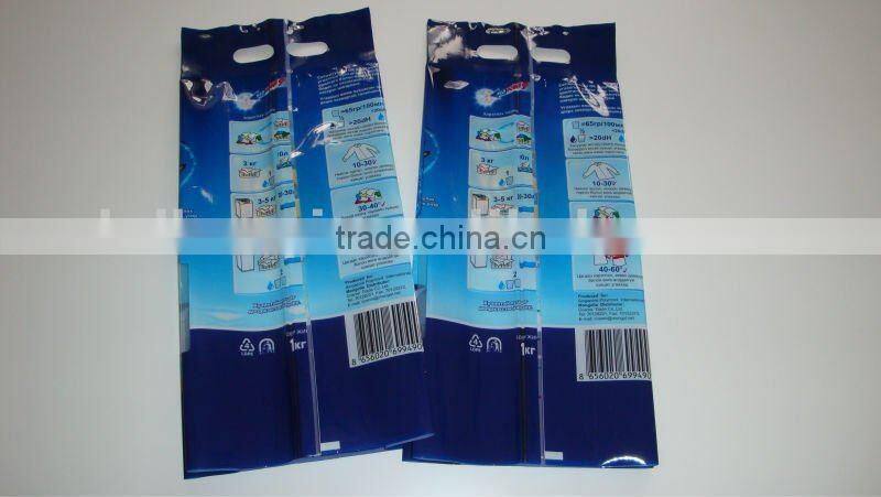 hot sale die cut handle plastic packaging bag for washing powder