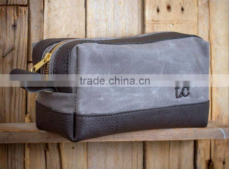 High quality and personalized waxed canvas and leather bag , waxed canvas zipper pouch with leather accents , waxed canvas pouch
