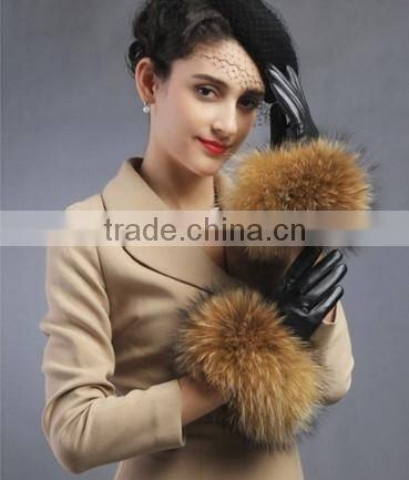 Women Girls Winter Plush Raccoon Fur Leather Mitten Gloves Warm Driving Gift