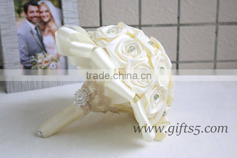 White handmade satin rose wedding bouquet with crystal