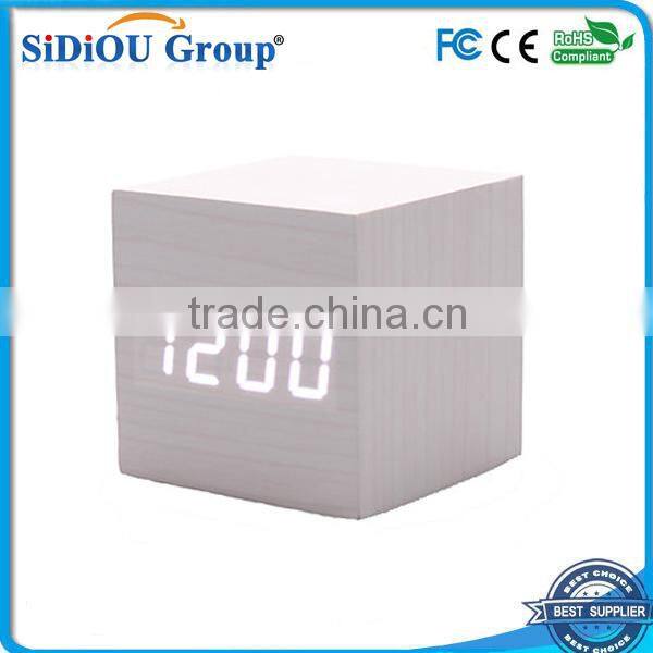White Light Desktop Cubic Mini Digital LED Wooden Alarm Clock