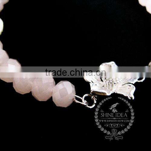 silver flower heart leaf charm summer ice pink faceted glass beads fashion women wiring bangle bracelet 6490037