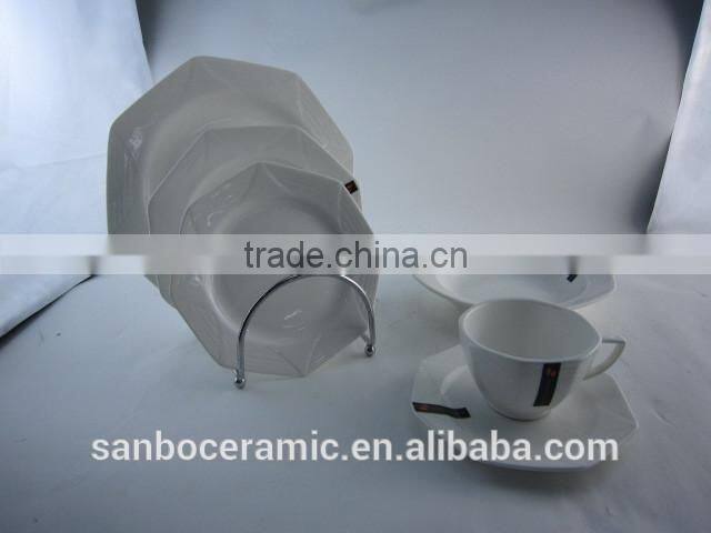 New modern square dinner set 47 pcs white diamond shape plate gold and silver rim