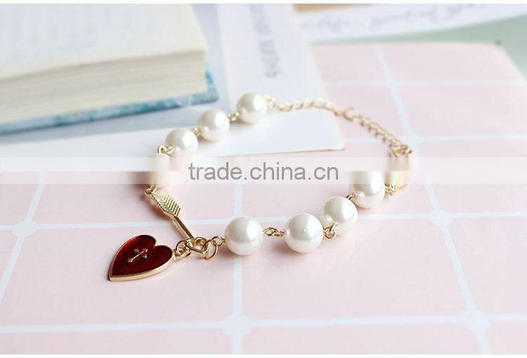 Cupid arrow love bracelet gold arrow red enamel cross heart charms pearl bead link bracelet