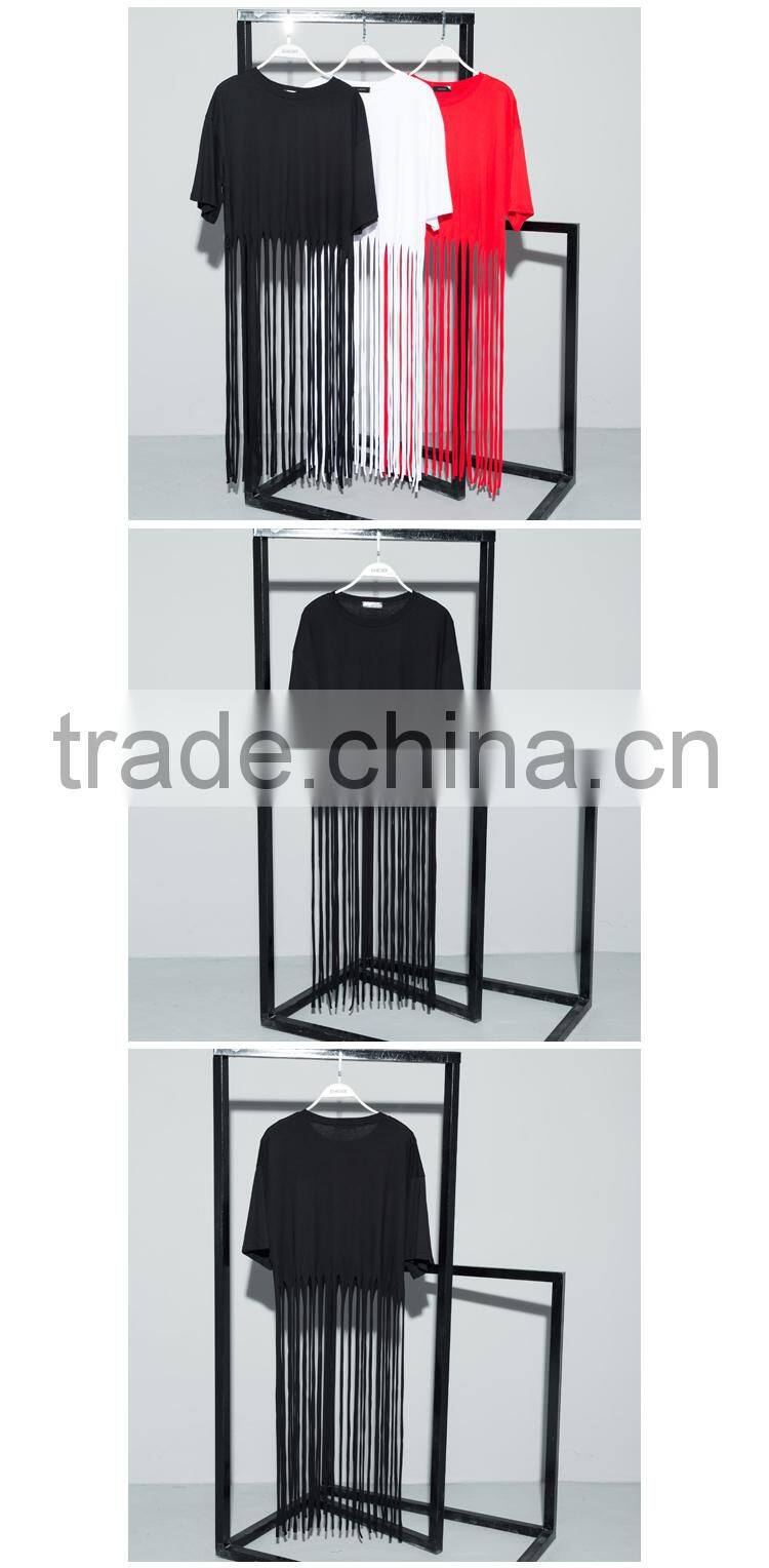 Guangzhou clothing OEM o neck half sleeves black long tassels tshirt