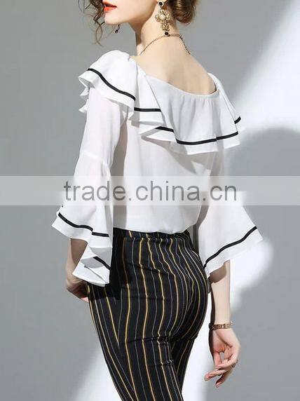 2017 wholesale summer women big round neck ruffle sleeve fashion chiffon blouse
