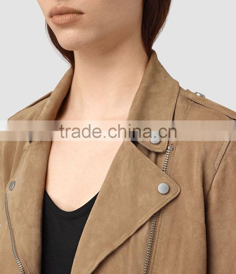 Cool newest slim fitting zip pockets classic city style blank suede biker jacket for women