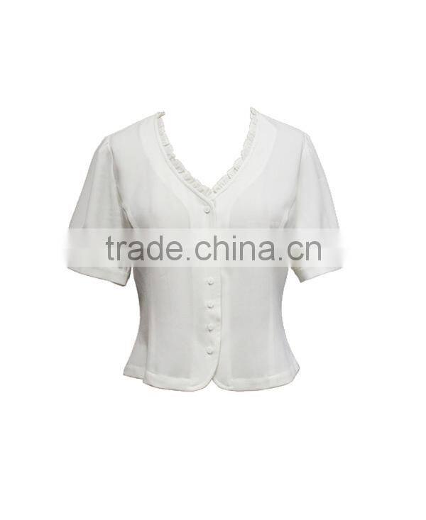 V-neck Short Sleeve Plain white choli blouse designs with frilled collar