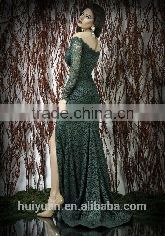 2014 sexy side slit green long sleeve velvet prom dress