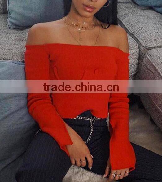 Runwaylover 125 Europe Style 2017 Ladies Sexy Off-Shoulder Knitted Flare Sleeve Blouse