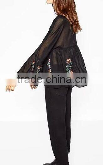 Runwaylover EY2375B 2017 Fashion Women Flare Sleeve Chiffon Embroidery Blouse