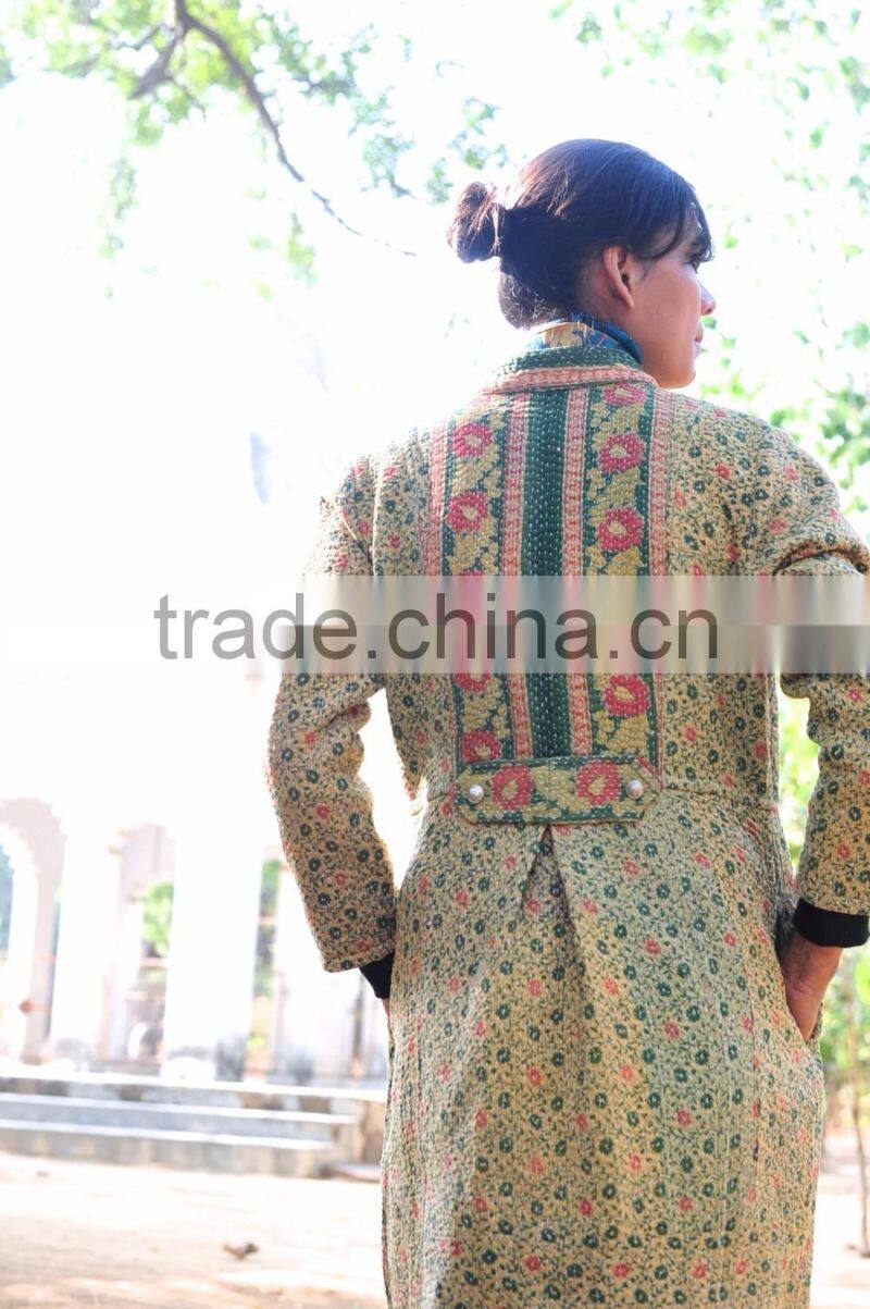 Vintage Kantha Long Accent Jacket in Beautiful Green, Pink & Cream Floral Print ~ Large