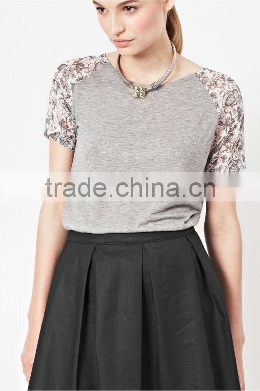 100% Viscose Jersey T-Shirt Top with Printed Chiffon Sleeve