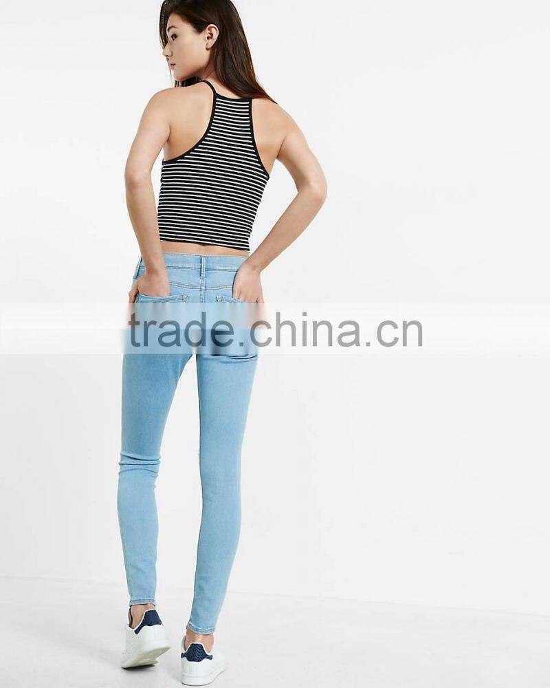 Mid rise five pocket style distressing leg new style jeans for lady