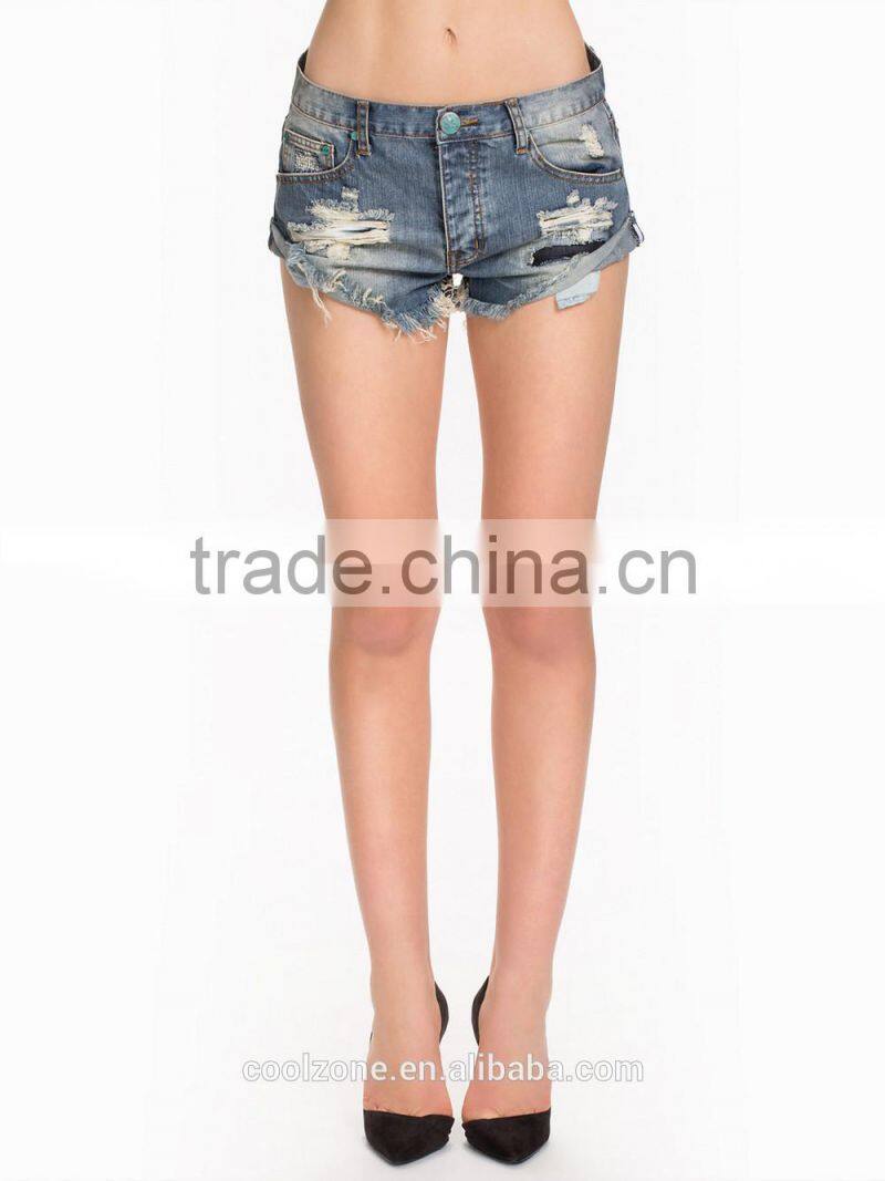 Latest classic stone washed denim shorts sexy women shorts with lace trim