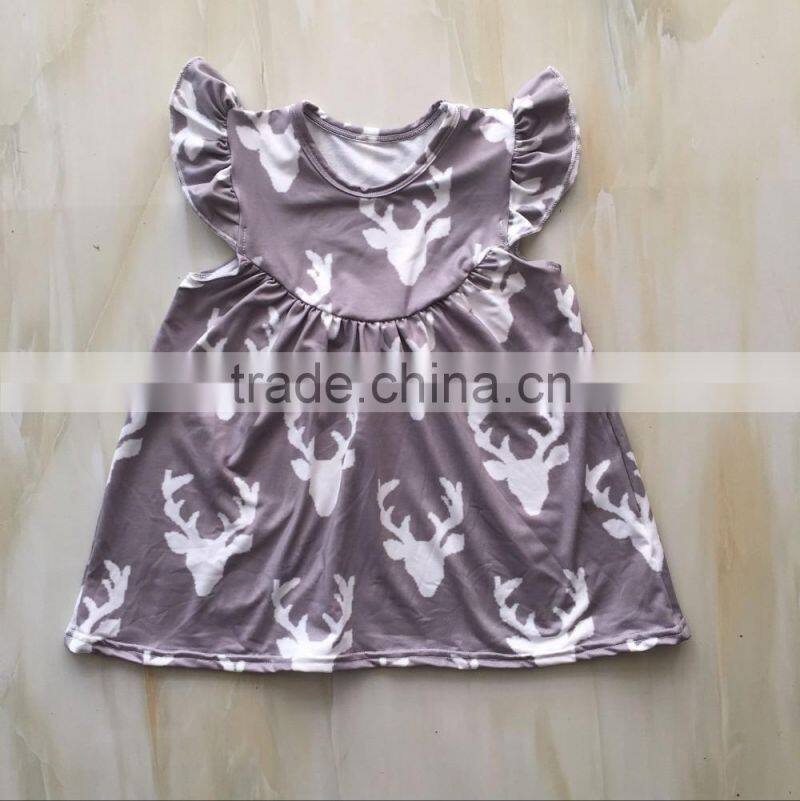 DYJ-092 Latest cartoon Deer pattern cotton frock model Flutter sleeve children frock designs girls party dresses