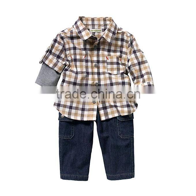 2016 Wholesale Boy Clothing Sets Grid Causal T Shirt And Jean Pants Baby Suits For Children Wear
