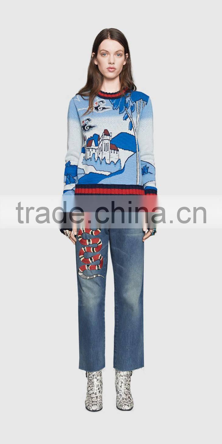 high quality custom Spring new three-dimensional castle pattern round neck collar sweater