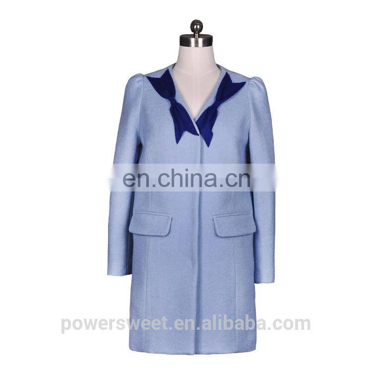 Guangzhou Clothing Wholesale V Neck Bowknot Stitching Women Woolen Coat