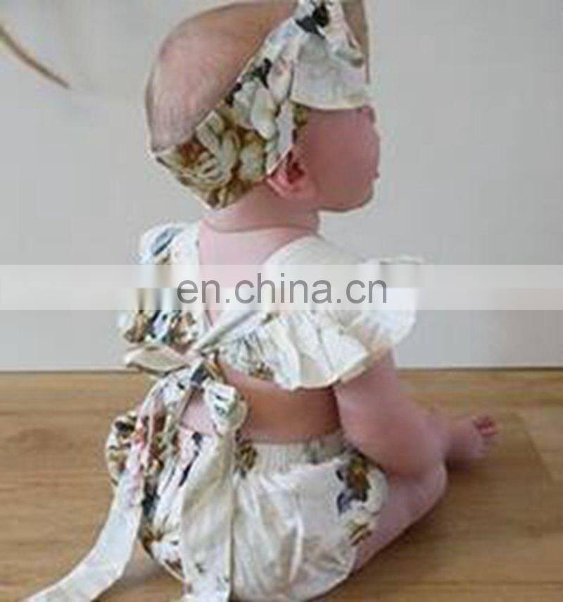 2019 summer girls fly sleeved cotton rompers & headband 2pc set girls flower print bodysuits free ship