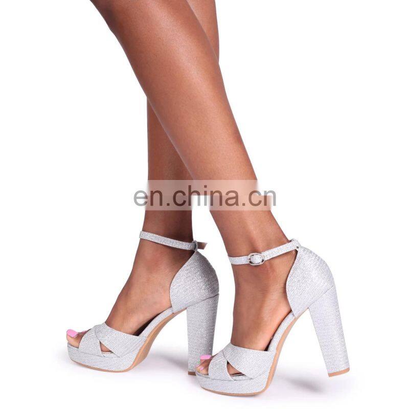 Silver glitter closed back platform high block heels ankle strap sandals ladies function shoes