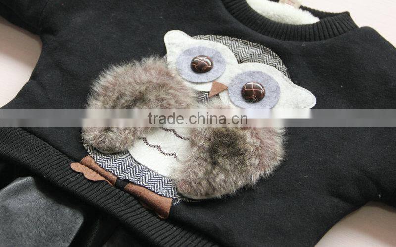 cute owl pics girls set long sleeve t shirt with black leather skirt red black 2 colors fashion children set