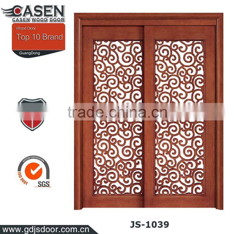 Rustic interior room flower carving wood frame sliding glass door