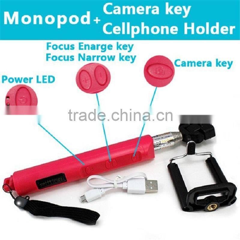 2015 New Promotion Handheld Wireless Bluetooth Shutter or Cable Selfie Stick Monopod Extendable For Phone