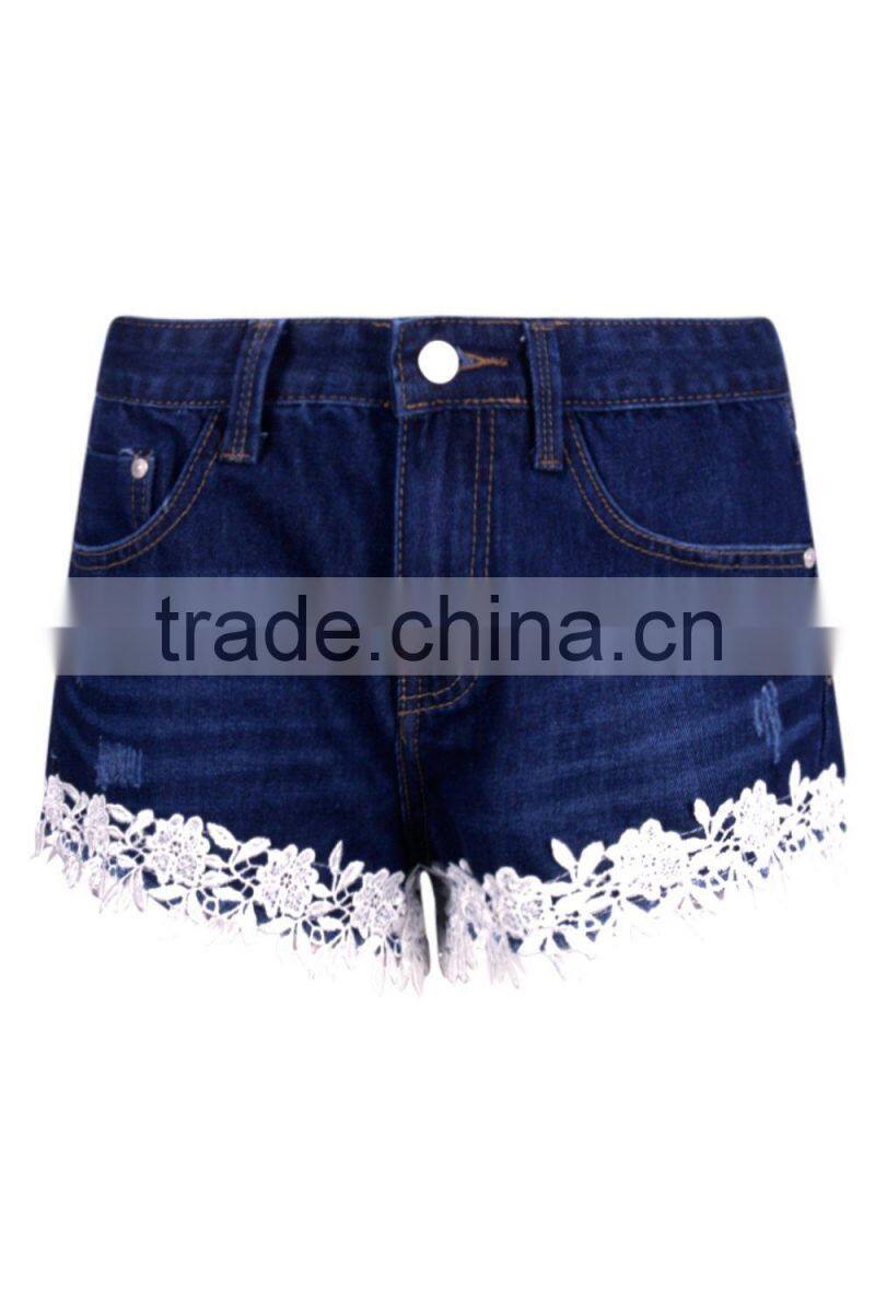 New design fashion women hotpants crochet trim women denim shorts