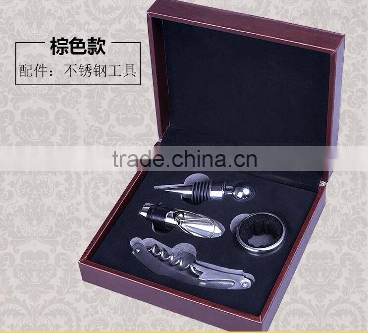 Factory OEM Supply Handmade Wine Tool Set with Leather Box, PU Leather Wine Accessories Gift Set Box