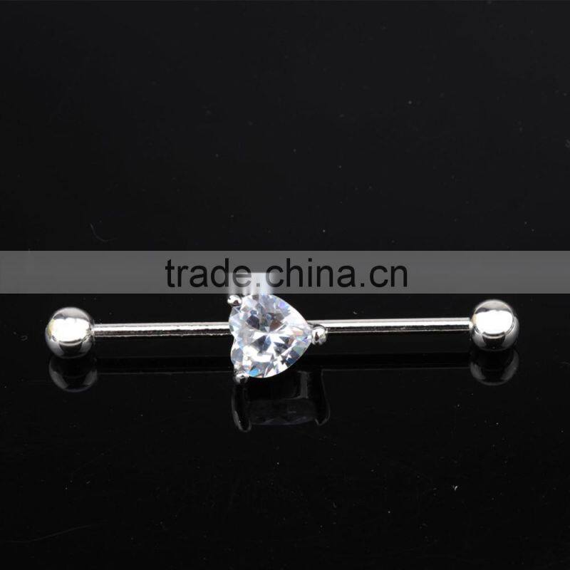 Tripple Prong Set Clear Heart Zircon 14G Cartilage Earring 1 & 1/2" Barbell with Round Ball Ends.