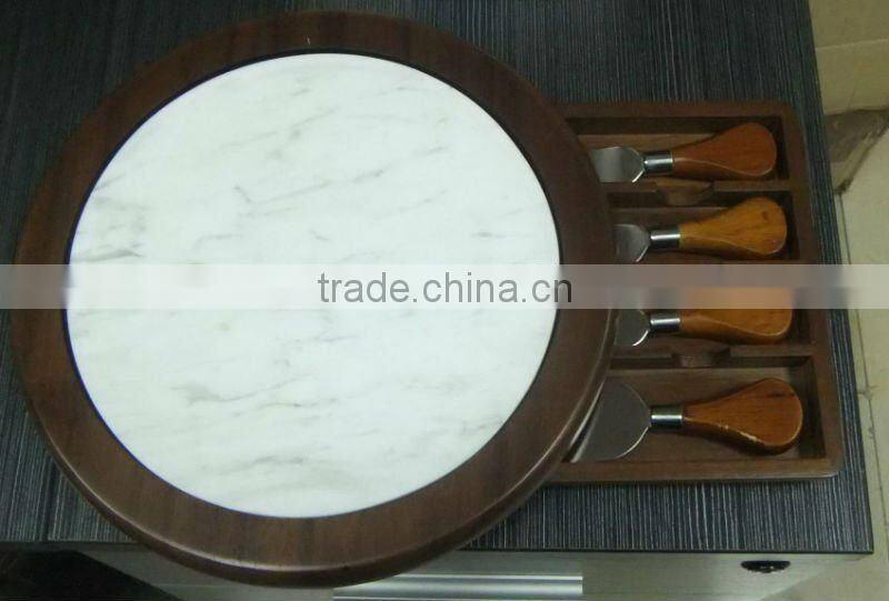 Marble Chopping Block Wooden Cutting Board Set with 4 Cheese Slicers and Knife Holder Drawer